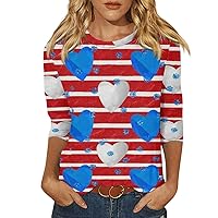 Independence Day 3/4 Sleeve Tops for Women 4th of July Shirt Summer 2024 Trendy Crew Neck USA Printed Tshirts