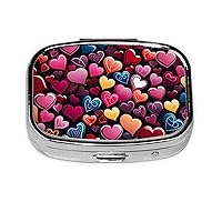 Love Hearts Print Pill Box Square Metal Pill Case with 2 Compartment Portable Travel Pillbox Cute Mini Medicine Organizer for Pocket Purse