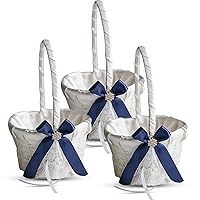 Ivory Ring Bearer Pillow and Basket Set | Lace Collection | Flower Girl & Welcome Basket for Guest | Handmade Wedding Baskets & Pillows (Navy Blue)