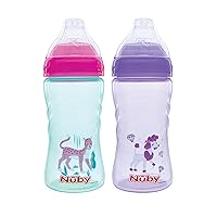 Nuby 2 Pack No Spill Printed Thirsty Kids No-Spill Sip-it Sport Cup with Soft Spout and Lid - 12oz, 12+ Months, 2 Pack, Aqua Cheetah & Purple Puppy Dog