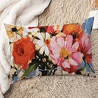 ArogGeld Watercolor Rose Peony Flower Farmhouse Sofa Pillowcase Bright Floral Pink Rose Colourful Lumbar Throw Pillow Cushion White Linen Japanese Chinoiserie Pillowcase with Zipper 12x20in