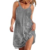 Sundresses for Women Casual Summer Retro Flroal Printed Sleeveless Pleated Tank Dress Loose Fit Flowy Short Mini Dress