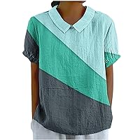 Sweet Peter Pan Collar Blouse Womens Color Block Short Sleeve Keyhole Back Shirts Summer Preppy Casual Tee Tops