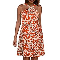 Sleeveless Twist Front Halter Dress for Women Summer Leaves Print A Line Short Mini Dresses Casual Holiday Beach Sundress