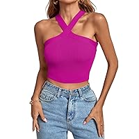 Women Fashion Cold Sholder Cross Halter Crop Tops Summer Knit Ribbed Casual Slim Fit Sexy Y2k Sleeveless Tank Top