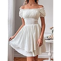 Dresses for Women Women's Dress Off Shoulder Frilled Shirred Waist Puff Sleeve Layered Hem Dress Dresses (Color : White, Size : Large)