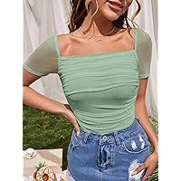 Women's Tops Women's Shirts Sexy Tops for Women Square Neck Ruched Mesh Top (Color : Mint Green, Size : Large)