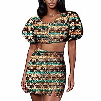 2022 African Dresses for Women, V-Neck, Draped Puff Sleeve Mini Shirt, Customizable Vented Mini Skirt