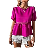 Womens Summer Tops Sexy Casual T Shirts for Women Puff Sleeve Guipure Lace Insert Peplum Blouse