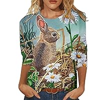 Women's Easter Tshirts 3/4 Sleeve Blouse Cute Bunny Ears Gnomes Printed Graphic Tee Crew Neck Loose Casual Shirt