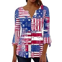 Summer 3/4 Length Sleeve Tops for Women USA Independence Day Fourth of July Outfit Casual Tshirts Blouse Tees