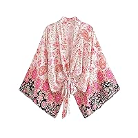 Women Kimono Short Robe Swimsuits Floral Batwing Sleeves Bohemian Bikini Cover Ups Beachwear