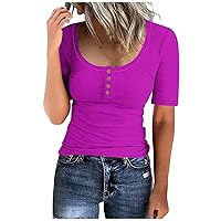Women's V Neck Short Sleeve Henley T Shirts Casual Ribbed Knit Slim Fit Summer Tops Solid Color Basic T Shirt