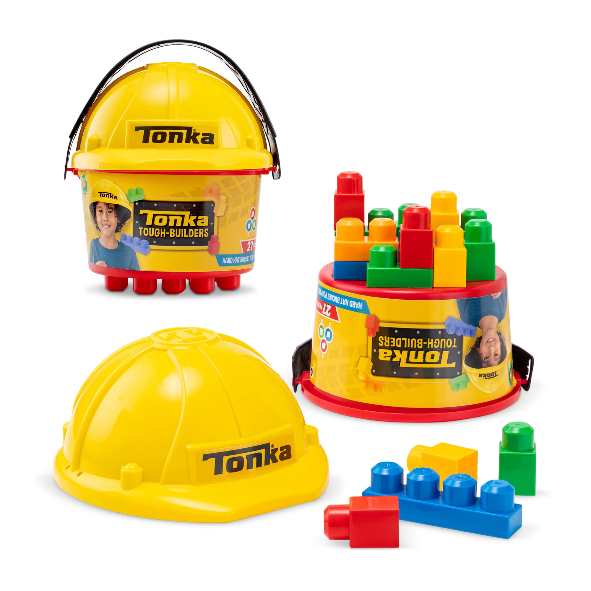 Tonka Tough Builders - Hard Hat & Large Size 25 Building Blocks and Bucket Playset, Educational Preschool Toy, Sensory, Travel Toy for Ages 1+, Great Summer Gift Indoor and Outdoor