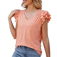 Sexy Tops for Women for Work Women's Summer Top Solid V Neck Pleated Short Sleeve Fashion Casual Loose T Shirt