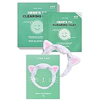 I DEW CARE Clay Sheet Mask - Here's To Clearing Clay, 4 EA + Face Wash Headband - White Cat, 1 Count Bundle