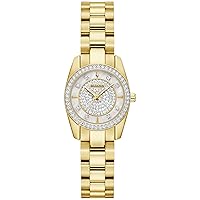 Bulova-Ladies' Crystal Gold-Tone Stainless Steel Box Set,White MOP Dial 3-Hand Quartz-Watch, MOP Heart Crystal Accent Bangle and Gold-Tone Bolo Chain Crystal MOP Hearts Bracelet, 30mm Style:98X137