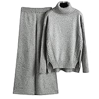 Flygo Women's Knit 2 Piece Outfit Wide Leg Pants Turtleneck Sweater Sets Lounge Sweatsuit