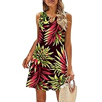 Summer Sundress Sun Dresses for Women Casual Hawaii Print Fashion Sexy Slim Fit with Sleeveless Halter Kehole Neck Summer Dress Red Medium