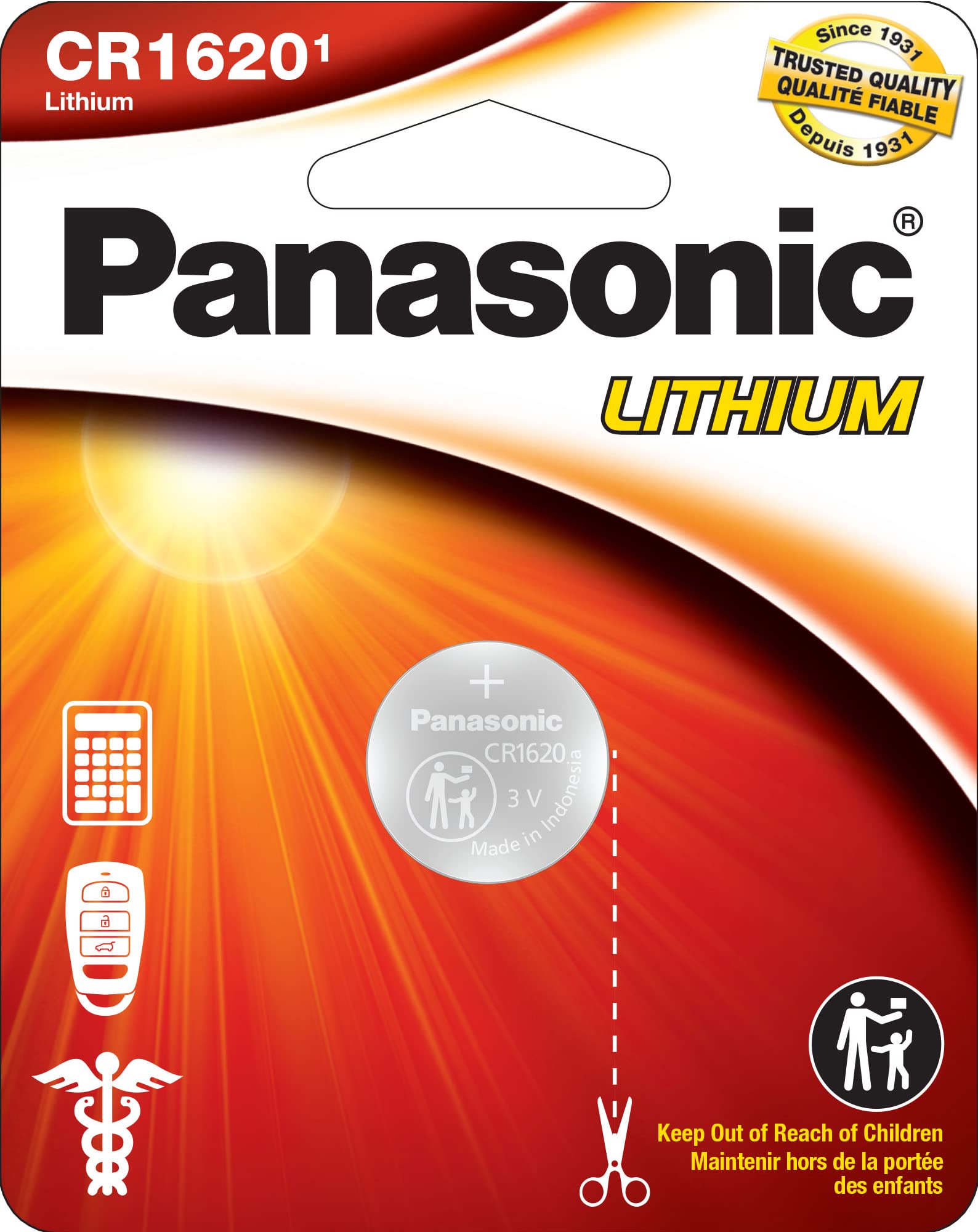 Panasonic CR1620 3.0 Volt Long Lasting Lithium Coin Cell Batteries in Child Resistant, Standards Based Packaging, 1-Battery Pack