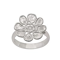1.50 CTW Floral Natural Diamond Polki Ring | 925 Sterling Silver | Ring Size US 5-10