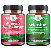 Bundle of Extra Strength Saw Palmetto for Women and Pure Selenium Thyroid Support Supplement - DHT Blocker Thickening Hair Vitamins for Hair Loss - Antioxidant Supplement and Natural Immune Booster