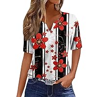 Womens Short Sleeve Button Down Shirts Fashion Casual Vintage Printed V-Neck Decorative T-Shirt Top