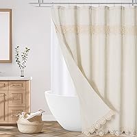 Gibelle Long Boho Farmhouse Shower Curtain Set, Linen Cotton Fabric Shower Curtain with Macrame Lace Decor, Modern Bohemian French Country Chic Bathroom Curtain with PEVA Liner 72x78 - Beige/Cream