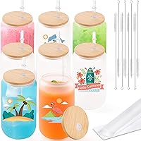 8 Pack Sublimation Glass Cups with Bamboo Lids and Straws, 16 OZ Frosted Glass Cans Blanks with Shrink Wrap Films for Iced Coffee Beer Juice Soda DIY Gift