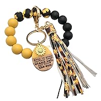 Sunflower Wristlet Keychain Silicone Bead with Engraved Pendant and Gold Sunflower Charm