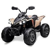 Kids ATV 4 Wheeler, 12V Ride on Toy Car Bombardier Licensed BRP Can-am, Quad Electric Vehicles with Remote Control, LED Lights, Spring Suspension, Treaded Tires, Music, USB & AUX, Khaki