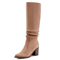 Athlefit Womens Knee High Chunky Heel Boots Faux Suede Pointed Toe Side Zipper Boots