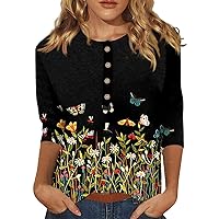 Summer Women's Fashion Casual Three Quarter Sleeve Flower Buttons Print Round Summer Vacation Tops for Women