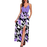 AUSELILY Women's 2024 Summer V Neck Beach Strap Sleeveless Casual Split Long Maxi Dress