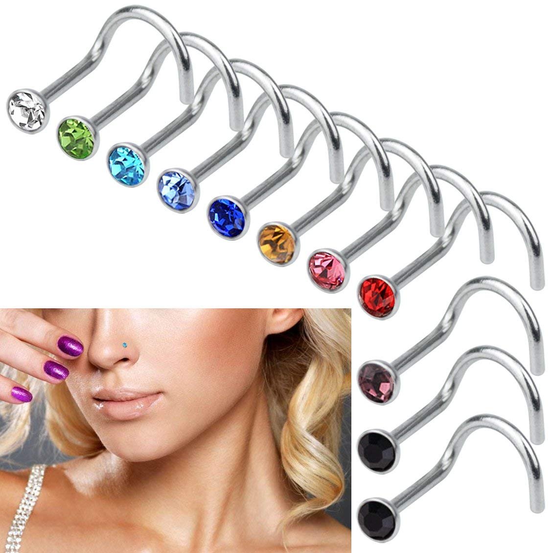 Rbenxia 20G 316L Nose Studs Rings 2.2MM Rhinestone Stainless Steel Nose Body Piercing Rings 10 Pcs Random Color for Unisex