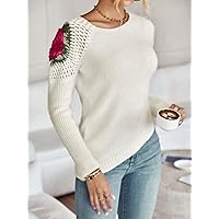 Women's Sweater Floral Pattern Raglan Sleeve Sweater - Women's Casual Pullover Sweater for Women (Color : White, Size : Large)