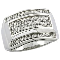 Mens Sterling Silver Cubic Zirconia Large Rectangular Ring 90 Micro Pave 19/32 inch Wide