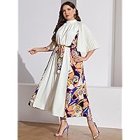 Plus Women's Dress Plus Floral & Chain Print Mock Neck Pleated Trumpet Sleeve Belted Dress (Color : White, Size : 3X-Large)