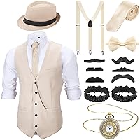1920s Mens Costume Roaring Costumes Outfit with 20s Gangster Vest Hat Pocket Watch Suspenders