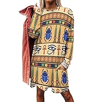 Egyptian Ornament Women's Long Sleeve T-Shirt Dress Casual Tunic Tops Loose Fit Crewneck Sweatshirts with Pockets