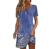 COTECRAM Womens Boho Floral Printed Button V Neck Sundresses Summer Beach Vacation Short Sleeve Tshirt Dress Mini Dress 2024
