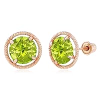 Solid 14K Gold 9mm Round Natural Birthstone Screwback Stud Earrings For Women | 7mm Round Birthstone | Martini Rope Screwback Earrings For Women and Girls