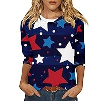 4Th of July Tops for Women Striped and Stars Graphic Tees 3/4 Sleeve Crewneck Sweatshirts Shirts Plus Size Blouses