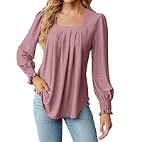 Dress Shirts for Women Square Neck Solid Tops Blouse Long Sleeve Ruched Tees Tunic Flowy Hem Party Home Clothing