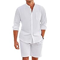 COOFANDY Linen Sets For Men 2 Piece Button Down Shirt Long Sleeve and Casual Beach Drawstring Waist Shorts Summer Outfits
