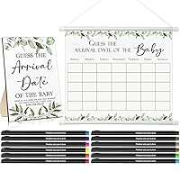 Guess the Due Date for Baby Calendar Include 1 Pcs Guess the Arrival Date of the Baby Wooden Sign 1 Pcs Baby Predictions Sign Baby Calendar with 12 Pcs Colored Pens for Baby Shower (Greenery)