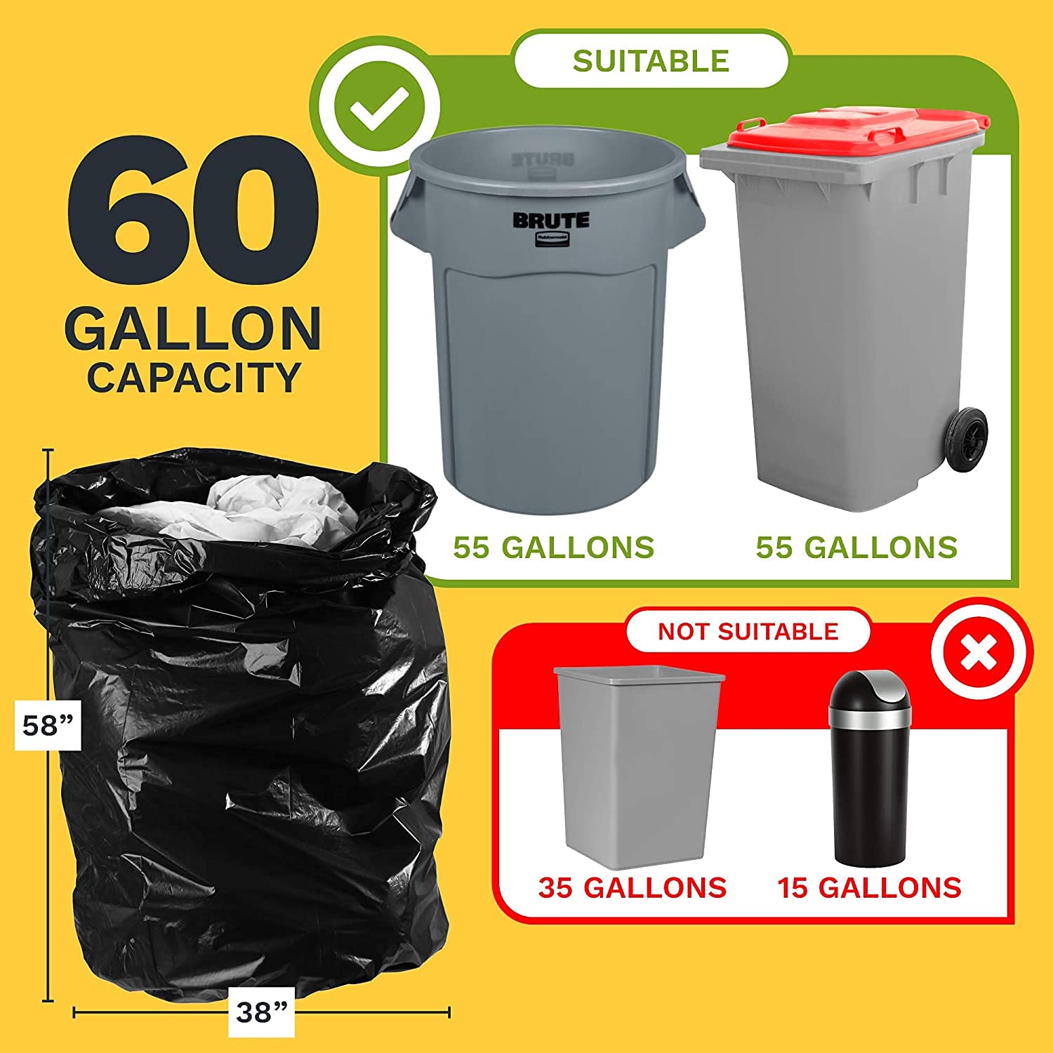 Mua ToughBag 55 Gallon Trash Bags, 3 Mil Contractor Bags, Large 55-60  Gallon Trash Can Liners, Black Garbage Bags, 38 x 58