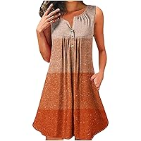 Plus Size Summer Sleeveless Tunic Dresses Women Color Block Button V Neck Cute Babydoll Mini Dress with Pockets