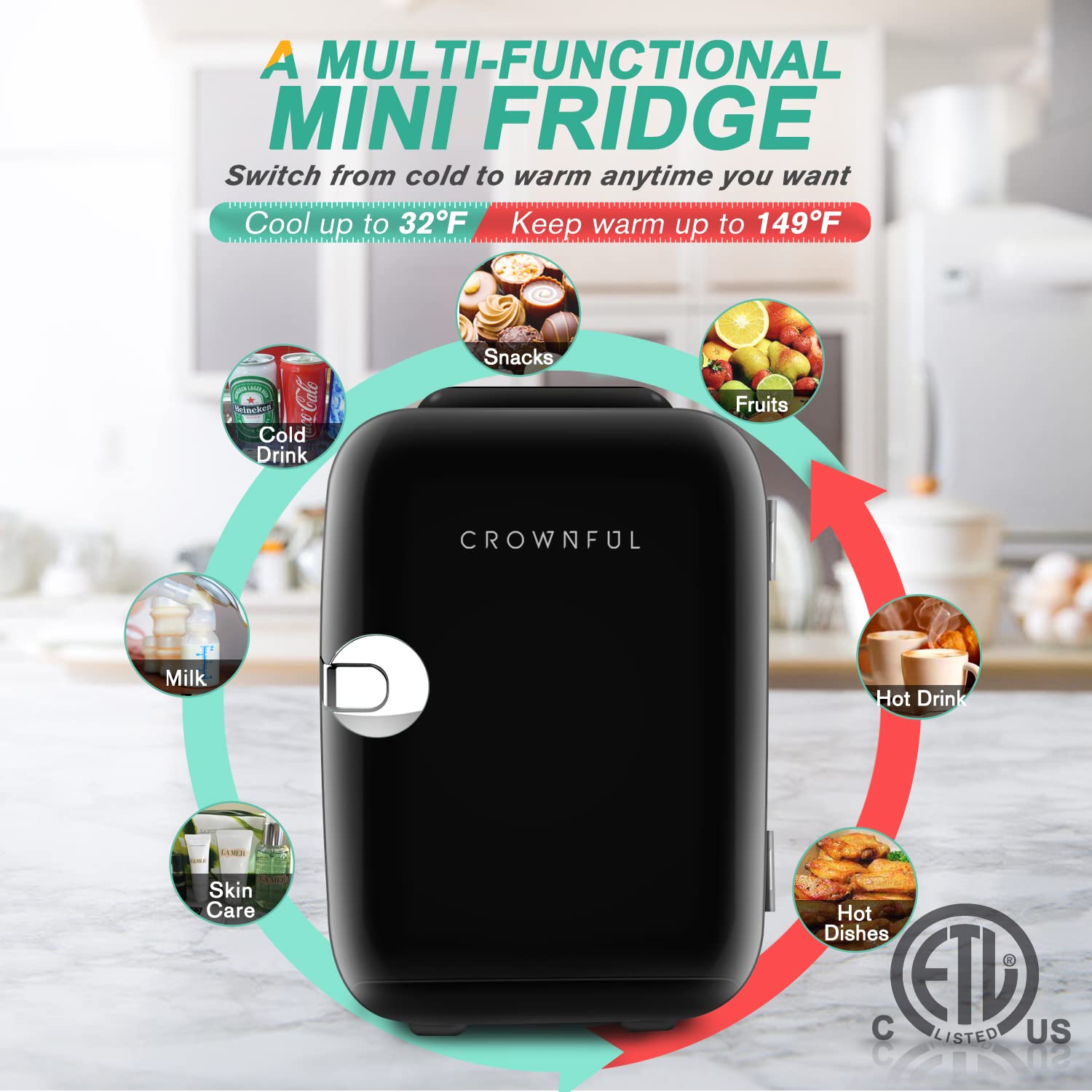 CROWNFUL Mini Fridge, 4 Liter/6 Can Portable Cooler and Warmer Personal Refrigerator for Skin Care, Cosmetics, Beverage, Food,Great for Bedroom, Office, Car, Dorm, ETL Listed (Black)