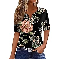 Women's Summer Tops Dressy Casual Short Sleeve Button Down Shirts V Neck Abstract Line Print Work Office Blouses